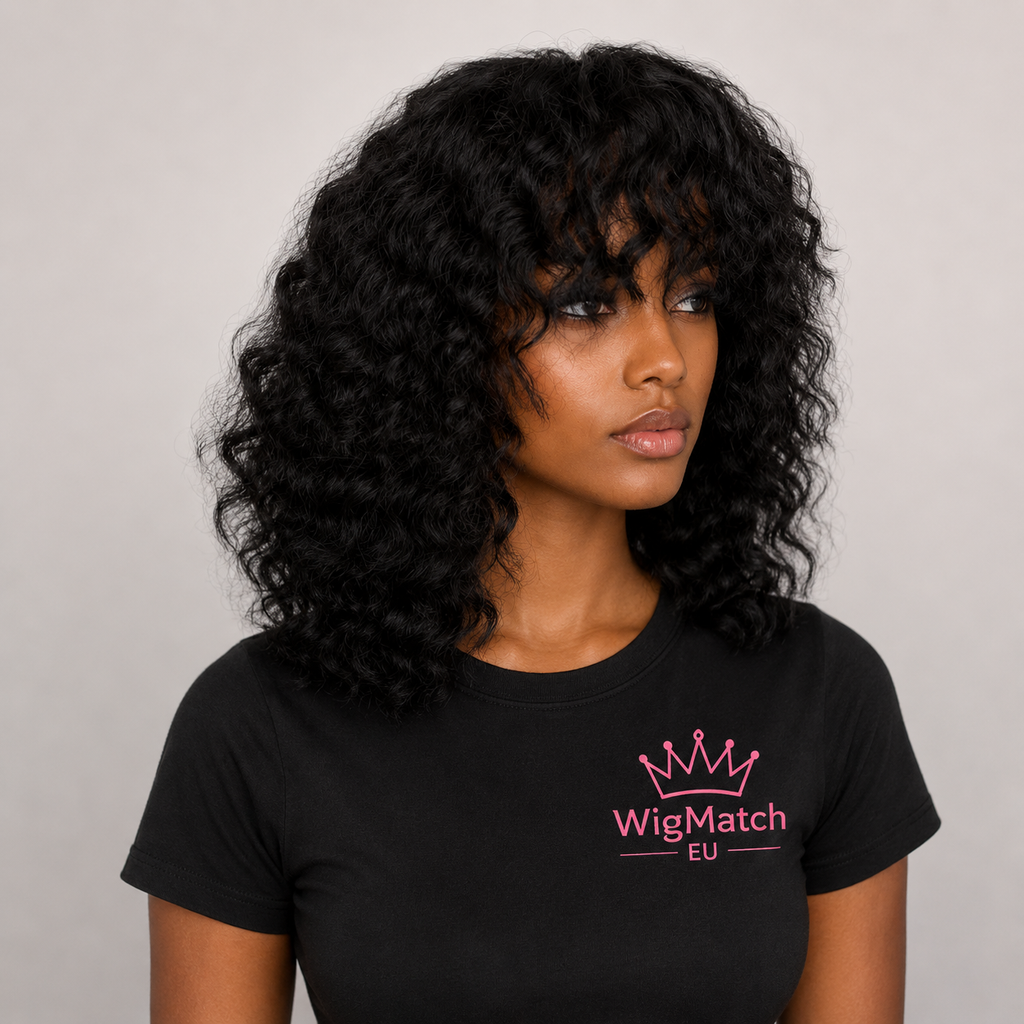 WigMatch EU Curly Bob Human Hair Wig with Bangs in Natural Black, front view, soft defined curls, premium human hair.