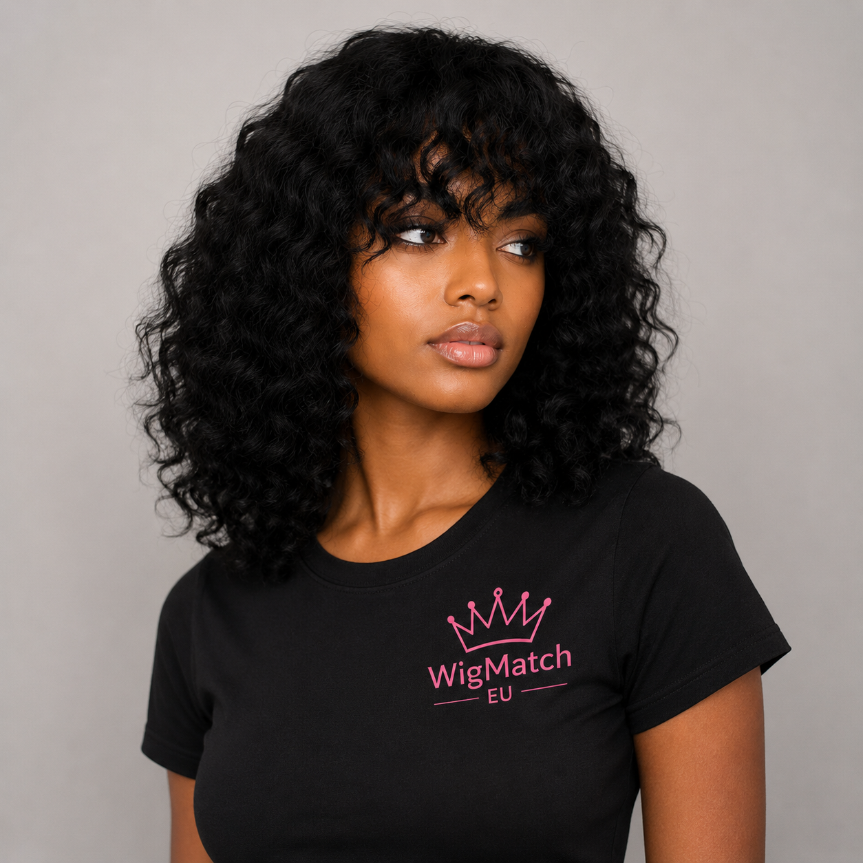 WigMatch EU Curly Bob Human Hair Wig with Bangs in Natural Black, left angle view, natural curly bob hairstyle.