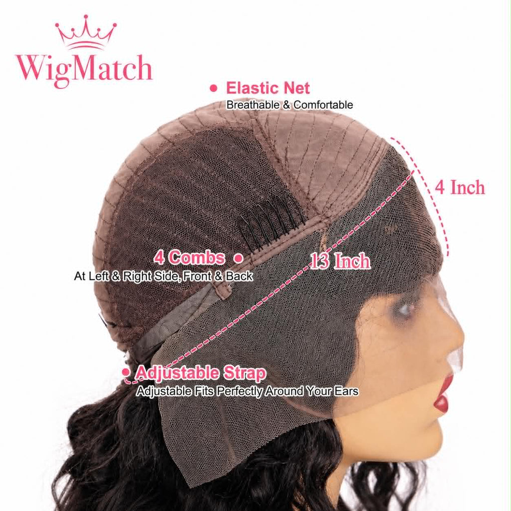 WigMatch EU lace front wig cap construction showing adjustable straps, elastic net, combs, breathable cap, and secure fit for human hair wigs.
Available across the European Union with fast EU shipping.
