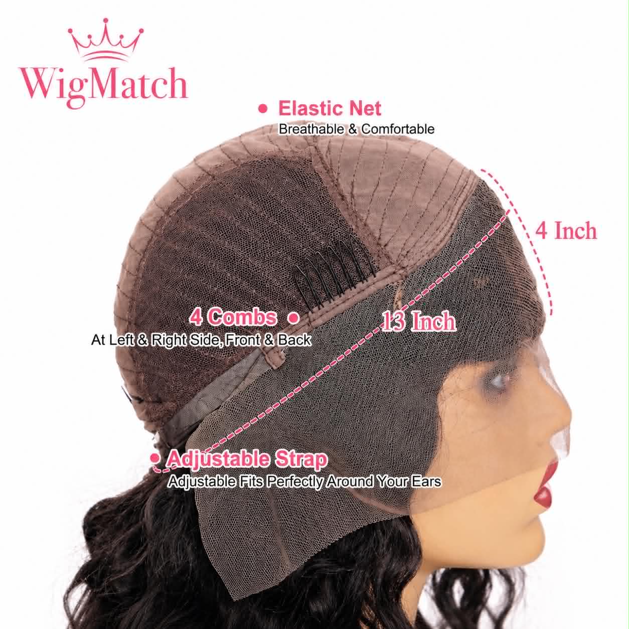 WigMatch EU lace front wig cap construction showing adjustable straps, elastic net, combs, breathable cap, and secure fit for human hair wigs.
Available across the European Union with fast EU shipping.