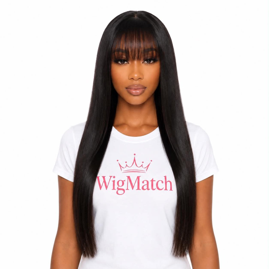 WigMatch long straight human hair wig with bangs, natural black color, front view, soft silky texture and realistic hairline.