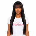 WigMatch long straight human hair wig with bangs, natural black color, front view, soft silky texture and realistic hairline.