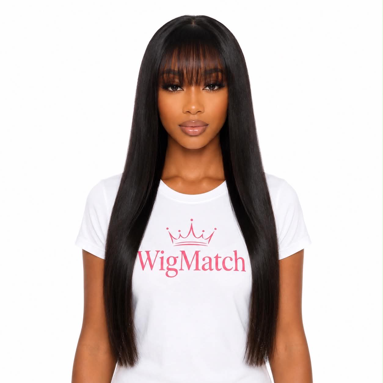 WigMatch long straight human hair wig with bangs, natural black color, front view, soft silky texture and realistic hairline.