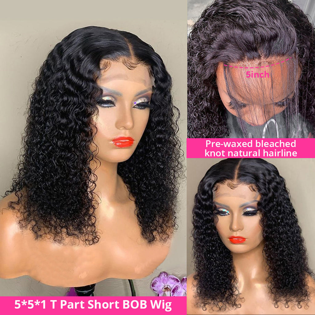 Women featuring the WigMatch EU Loose Deep Wave Jerry Curly Bob Human Hair Wig, showcasing the 5×5 T-part lace, pre-plucked hairline, bleached knots, and natural-looking scalp construction.