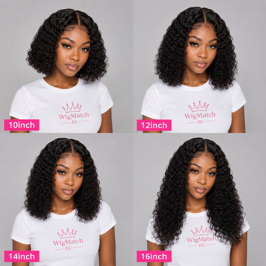 Women showcasing the WigMatch EU Loose Deep Wave Jerry Curly Bob Human Hair Wig in 10, 12, 14, and 16 inch lengths, featuring defined deep wave curls and Natural Black human hair.