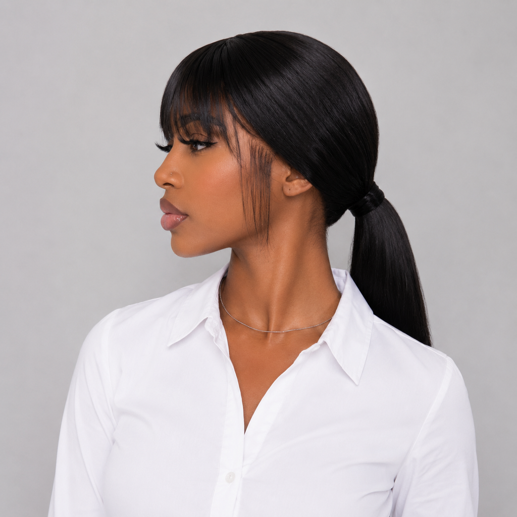 Model showing the left side view of the WigMatch EU Long Straight Human Hair Wig with Full Bangs, with the hair tied back to highlight the natural hairline and fringe.