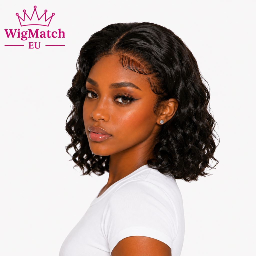 Side view of a female model wearing the WigMatch EU Natural Black Loose Wave Human Hair Wig in 6-inch length with a natural front lace hairline, soft defined waves, and a white T-shirt, showcasing the wig's shape and volume.