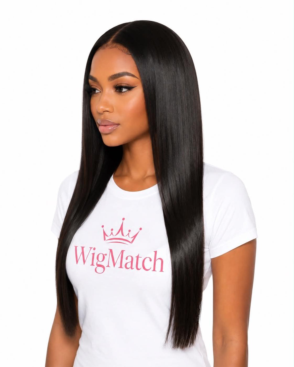 Side profile of WigMatch EU silky straight human hair wig designed for a natural look with fast shipping throughout Europe.