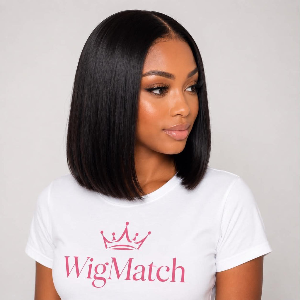 Side profile of WigMatch EU silky straight human hair wig designed for a natural look with fast shipping throughout Europe.