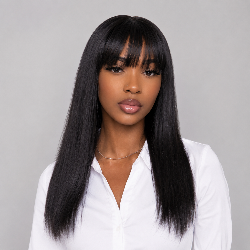 Women front view featuring the WigMatch EU Long Straight Human Hair Wig with Full Bangs in Natural Black, showcasing a sleek straight finish and natural everyday style.