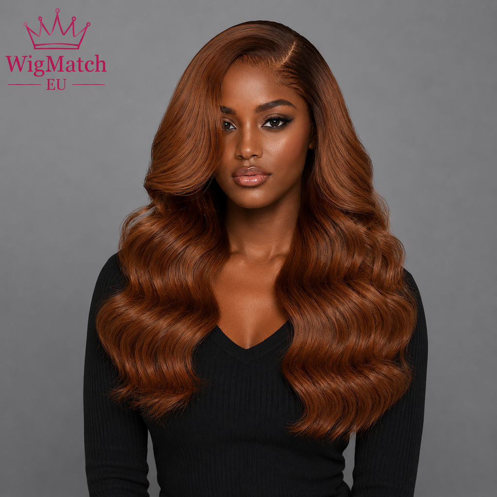 WigMatch EU women wear wig front view auburn body wave human hair wig