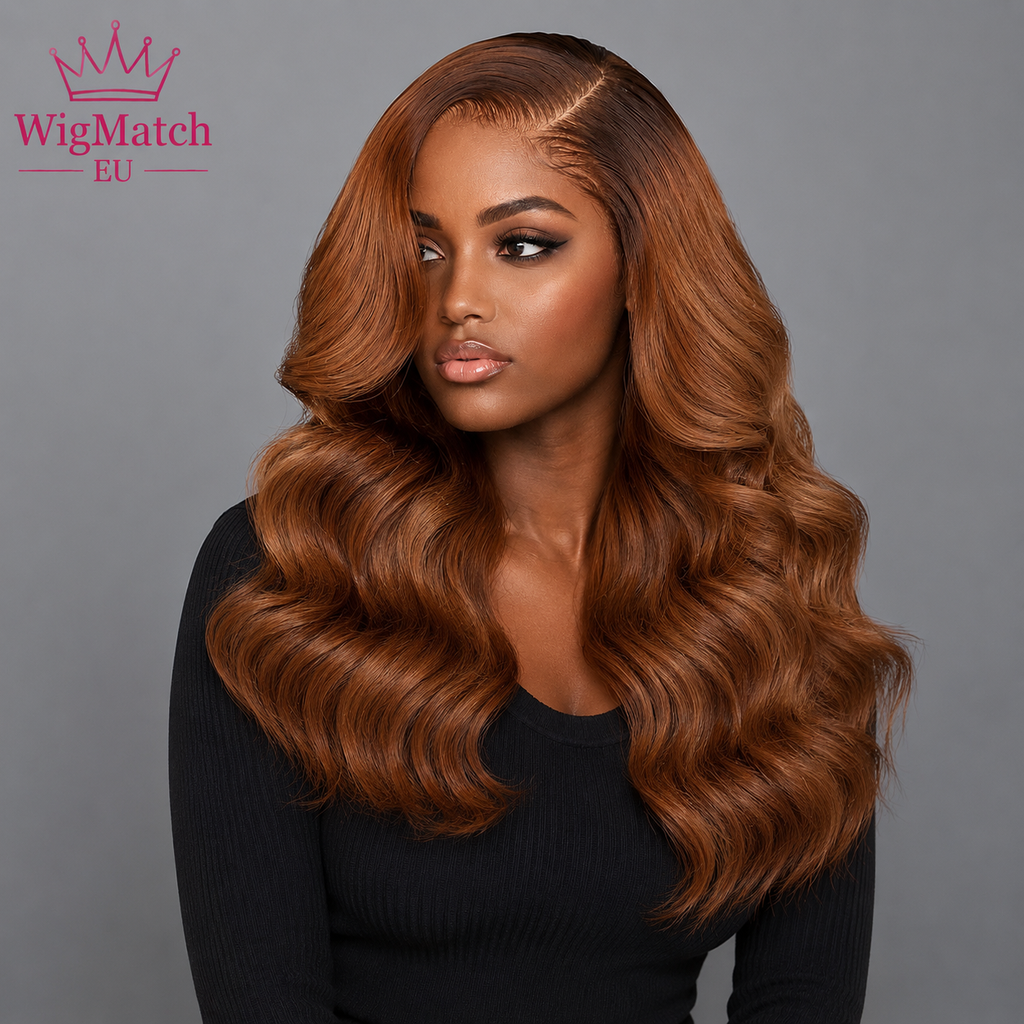 WigMatch EU women wear wig left angle view auburn body wave human hair wig