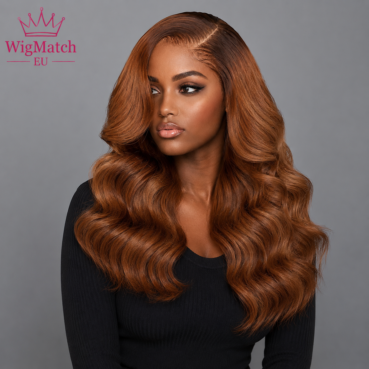 WigMatch EU women wear wig left angle view auburn body wave human hair wig