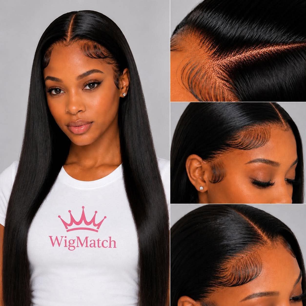 Detailed collage of the WigMatch Glueless 13x6 HD Transparent Straight Lace Front Human Hair Wig showing the front view, HD transparent lace, natural scalp effect, realistic baby hairs, and premium straight human hair with fast free EU shipping.