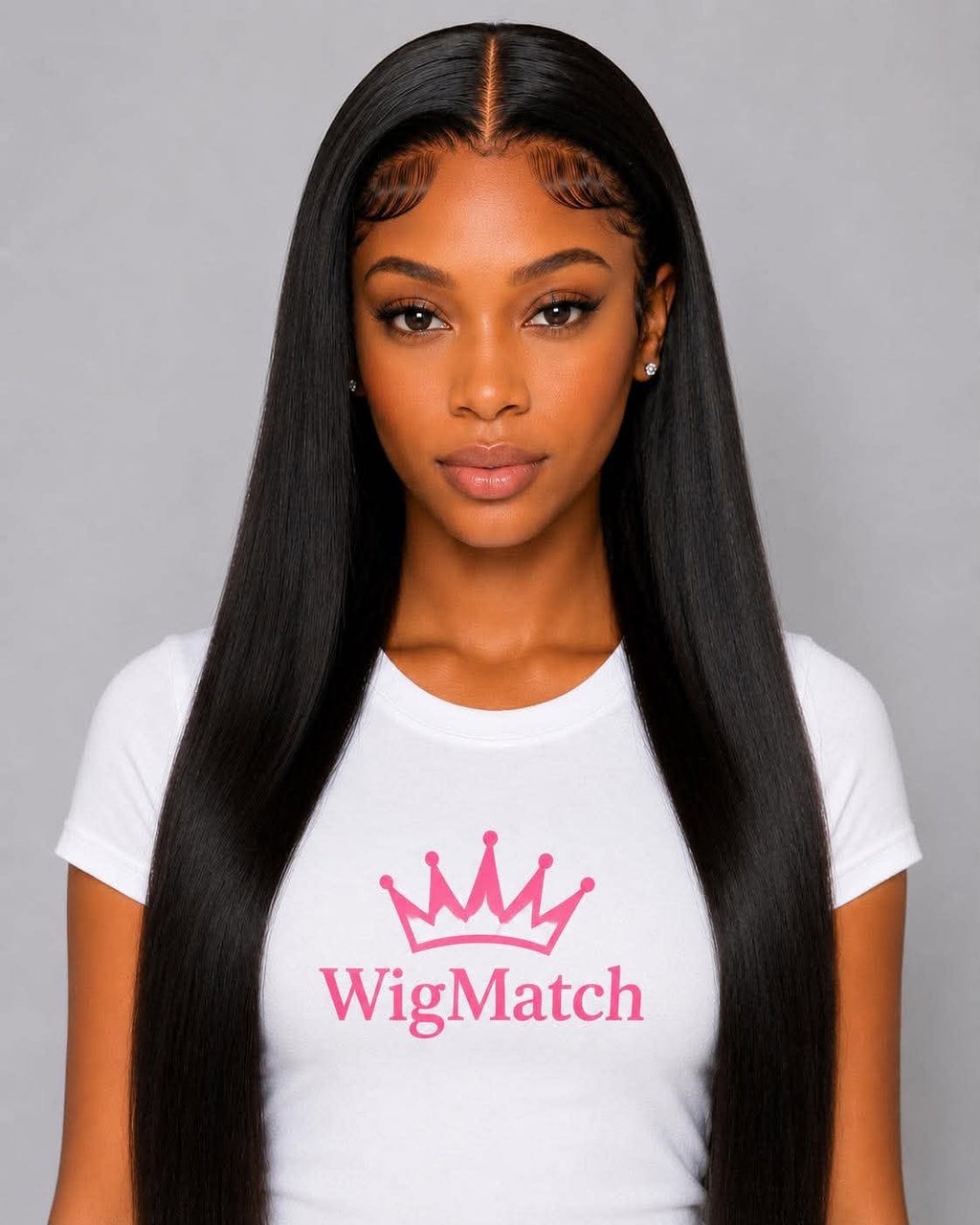 Front view of a WigMatch Glueless 13x6 HD Transparent Straight Lace Front Human Hair Wig featuring a natural hairline, silky straight texture, realistic baby hairs, and a model wearing the official WigMatch logo t-shirt with fast free EU shipping.
