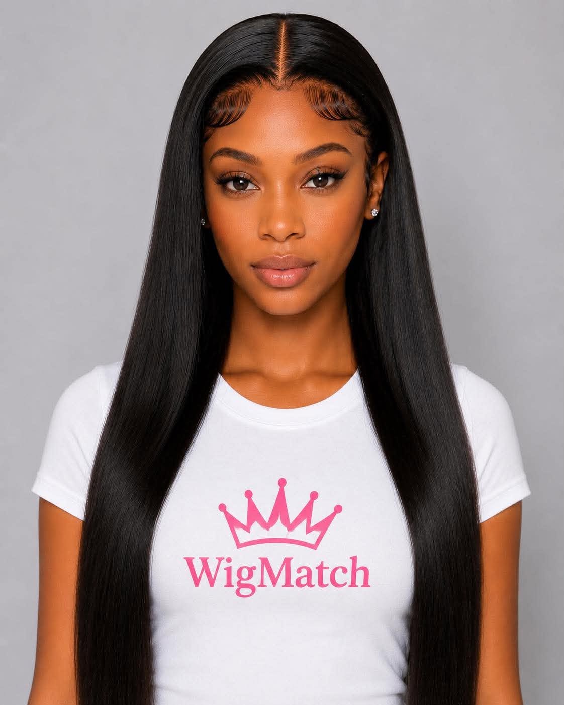 Front view of a WigMatch Glueless 13x6 HD Transparent Straight Lace Front Human Hair Wig featuring a natural hairline, silky straight texture, realistic baby hairs, and a model wearing the official WigMatch logo t-shirt with fast free EU shipping.