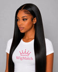 Left side view of the WigMatch Glueless 13x6 HD Transparent Straight Lace Front Human Hair Wig with a seamless hairline, sleek straight texture, HD lace, and a model wearing the official WigMatch logo t-shirt for the EU market with fast free shipping.