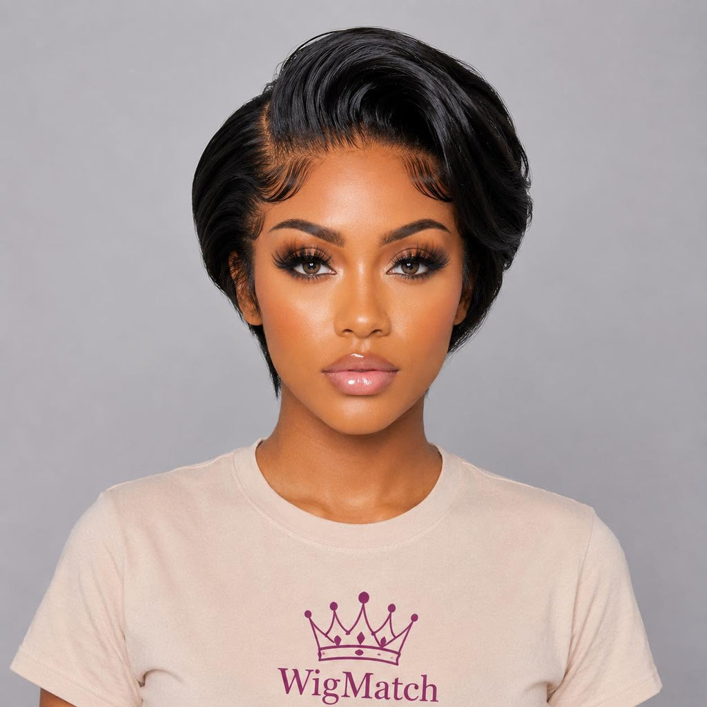 Front view of a glueless short pixie cut human hair wig featuring a natural hairline and soft baby hair, available online at WigMatch with free shipping across the EU.