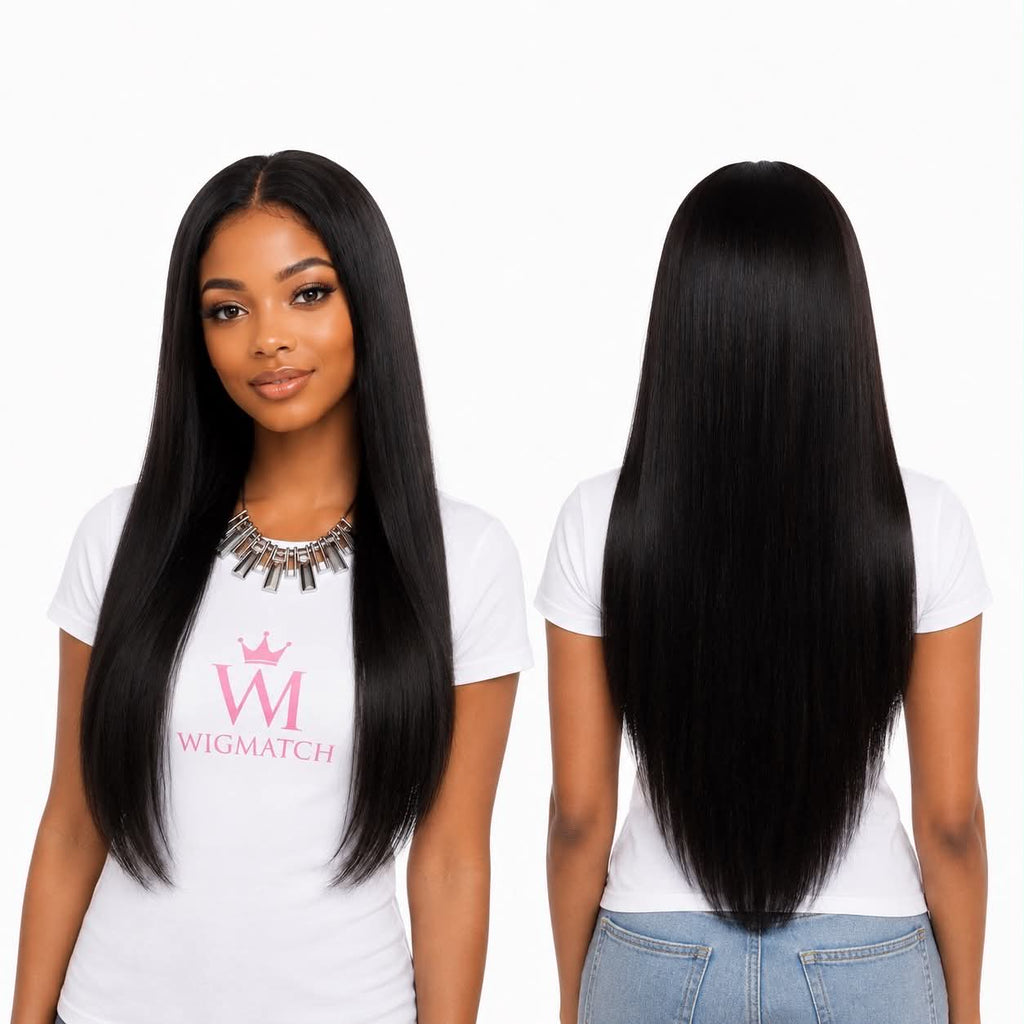 Woman featuring a glueless straight human hair wig showcasing front and back view with natural shine by WigMatch