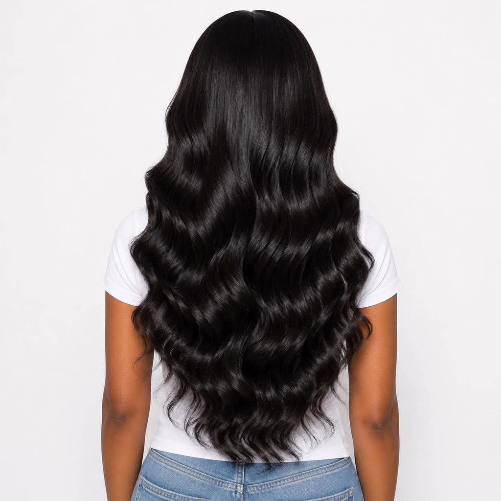 Back view of the WigMatch Glulace 360 Lace Body Wave Human Hair Wig in Natural Black, showcasing long flowing body waves, silky texture, full density, premium human hair, with fast free shipping across the European Union.