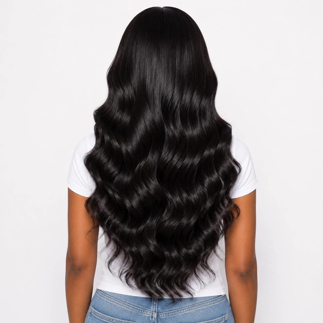 Back view of the WigMatch Glulace 360 Lace Body Wave Human Hair Wig in Natural Black, showcasing long flowing body waves, silky texture, full density, premium human hair, with fast free shipping across the European Union.