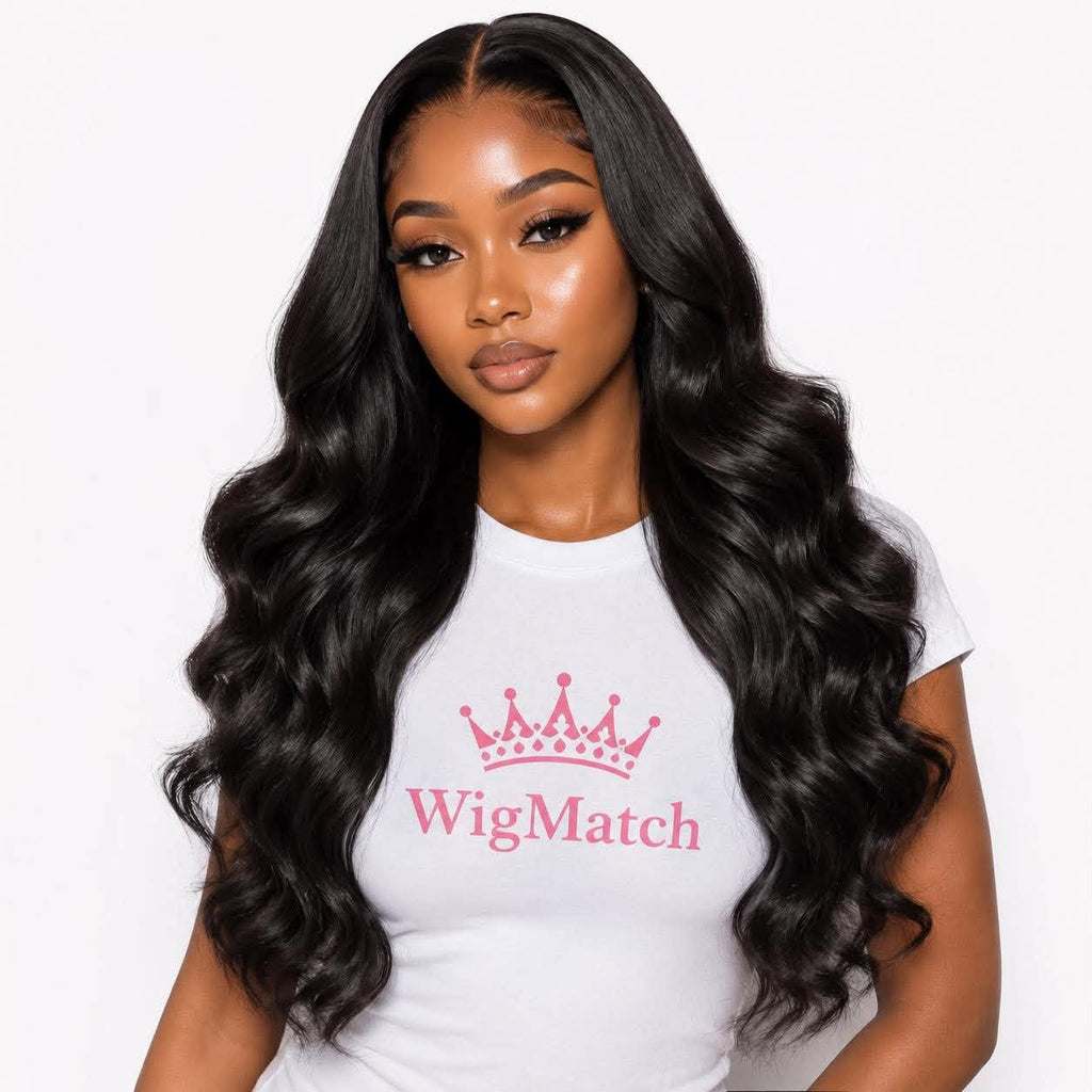 WigMatch Glulace 360 Lace Body Wave Human Hair Wig in Natural Black, front view on an AI model with a realistic hairline, soft body waves, premium human hair, available with fast free shipping across the European Union.