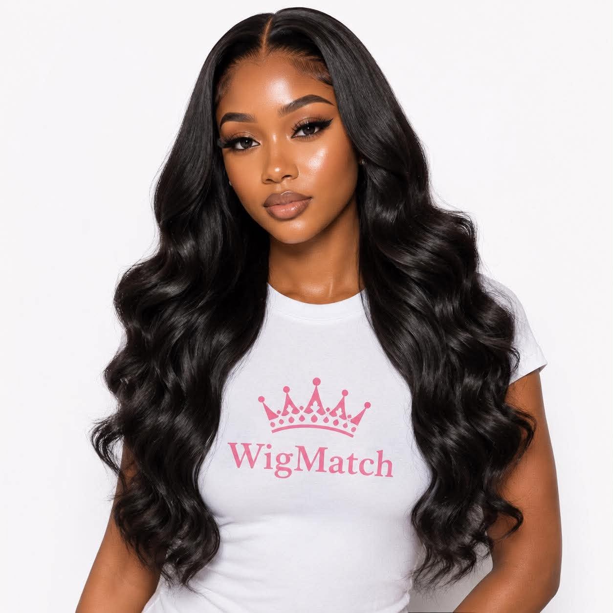 WigMatch Glulace 360 Lace Body Wave Human Hair Wig in Natural Black, front view on an AI model with a realistic hairline, soft body waves, premium human hair, available with fast free shipping across the European Union.