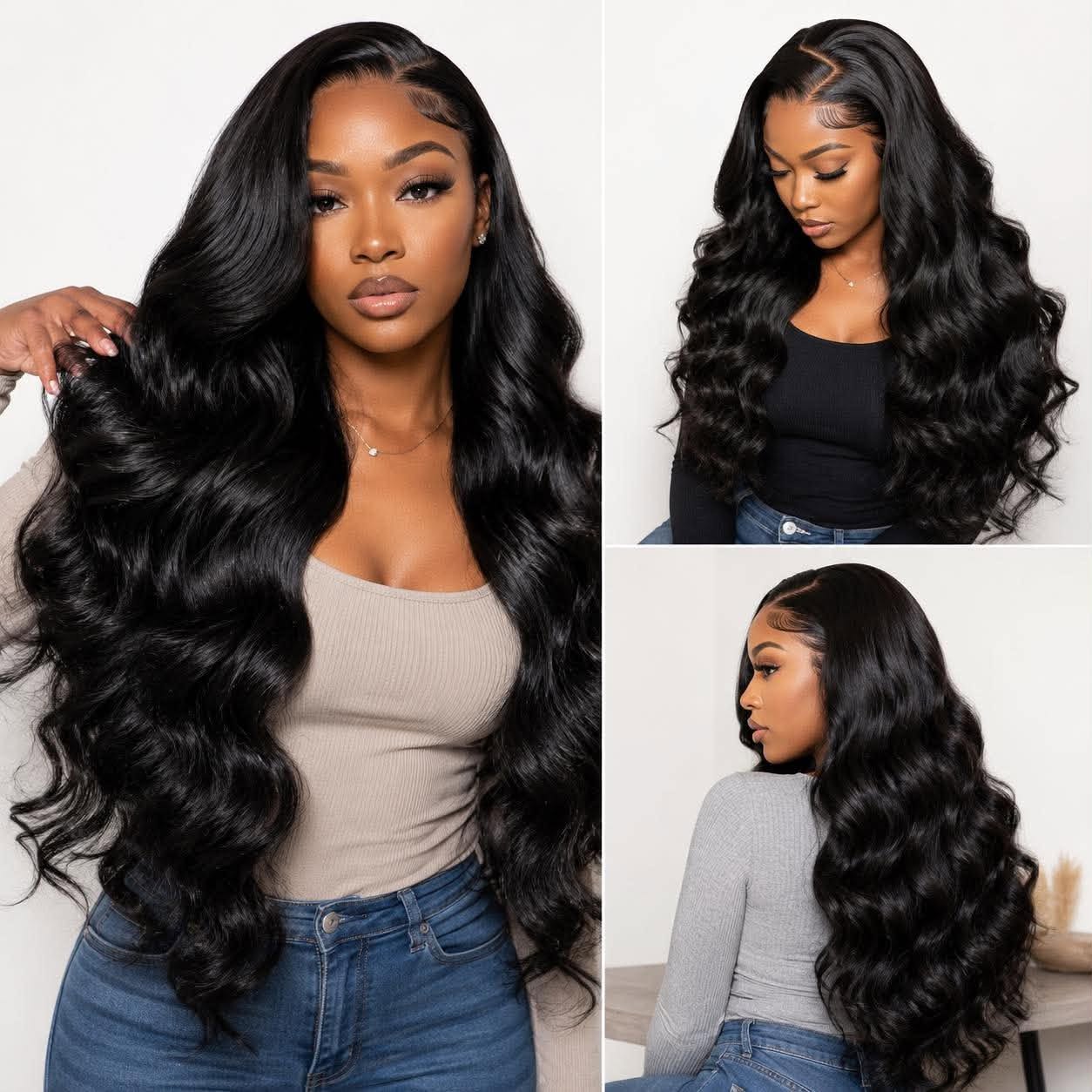 WigMatch Glulace 360 Lace Body Wave Human Hair Wig in Natural Black worn by an AI model, featuring a natural 360 lace hairline, soft body wave texture, premium human hair, and fast free shipping across the European Union.