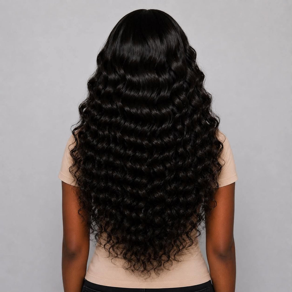 Back view of WigMatch HD 13x4 lace front human hair wig in natural black with loose deep curls, showcasing full density, healthy shine, and realistic volume. Free EU shipping.