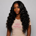 Front view of WigMatch HD 13x4 lace front human hair wig in natural black with loose deep curls, realistic HD lace, natural hairline, and premium human hair. Free EU shipping.