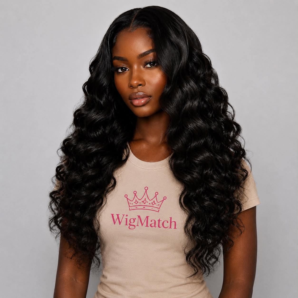 Front view of WigMatch HD 13x4 lace front human hair wig in natural black with loose deep curls, realistic HD lace, natural hairline, and premium human hair. Free EU shipping.