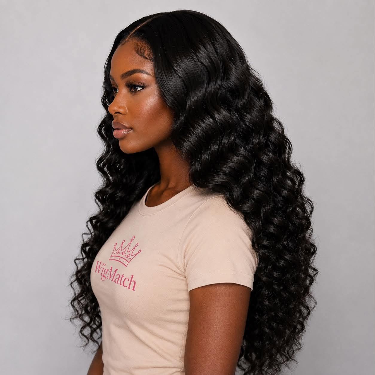 Left side view of WigMatch HD 13x4 lace front human hair wig in natural black with defined loose deep curls, premium human hair, and natural-looking volume. Free EU shipping.