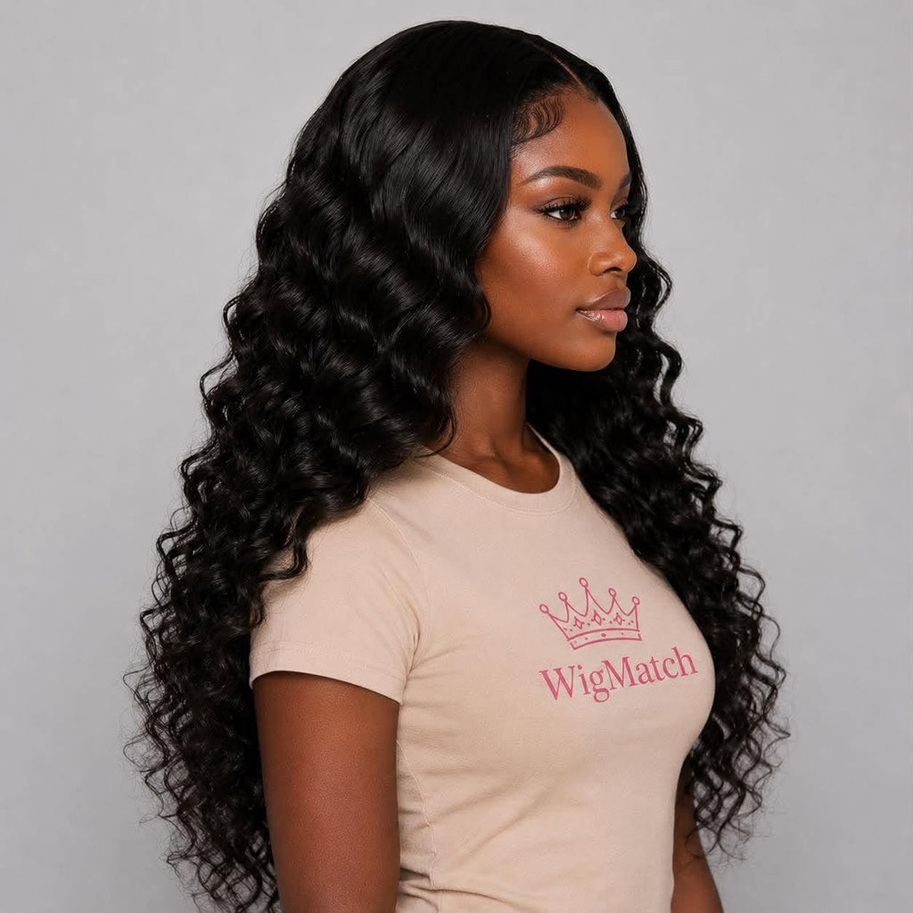 Right side view of WigMatch HD 13x4 lace front human hair wig in natural black, featuring soft loose deep curls, natural movement, and a realistic hairline. Free EU shipping.