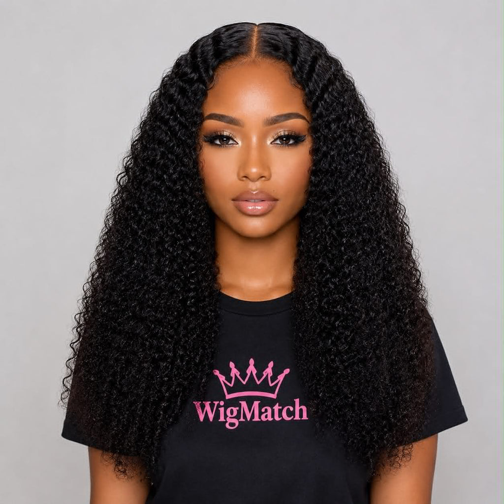 Front view of WigMatch HD kinky curly human hair lace front wig with soft curls, natural hairline, and realistic volume.