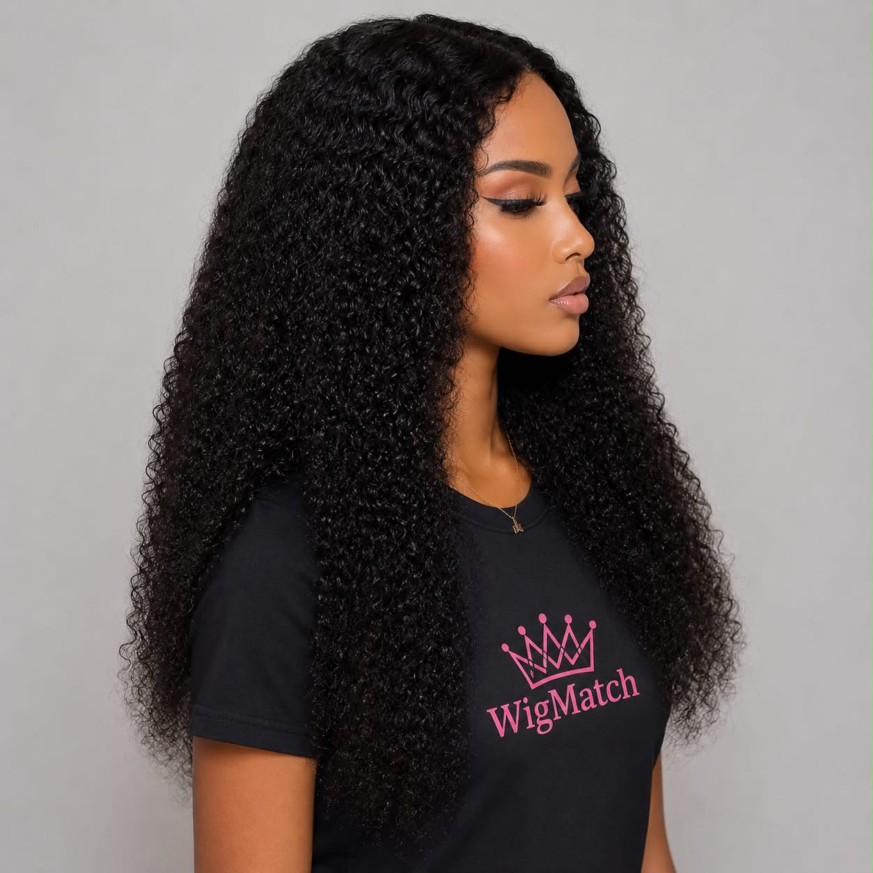 Left side view of WigMatch HD kinky curly human hair lace front wig with soft defined curls and a natural finish.