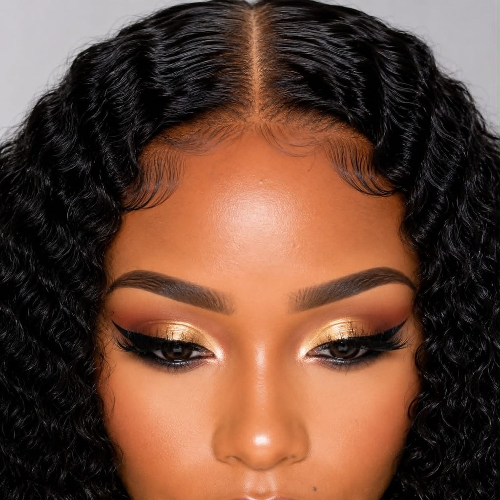 Close-up of WigMatch HD kinky curly lace front wig featuring a natural pre-plucked hairline and realistic scalp appearance.
