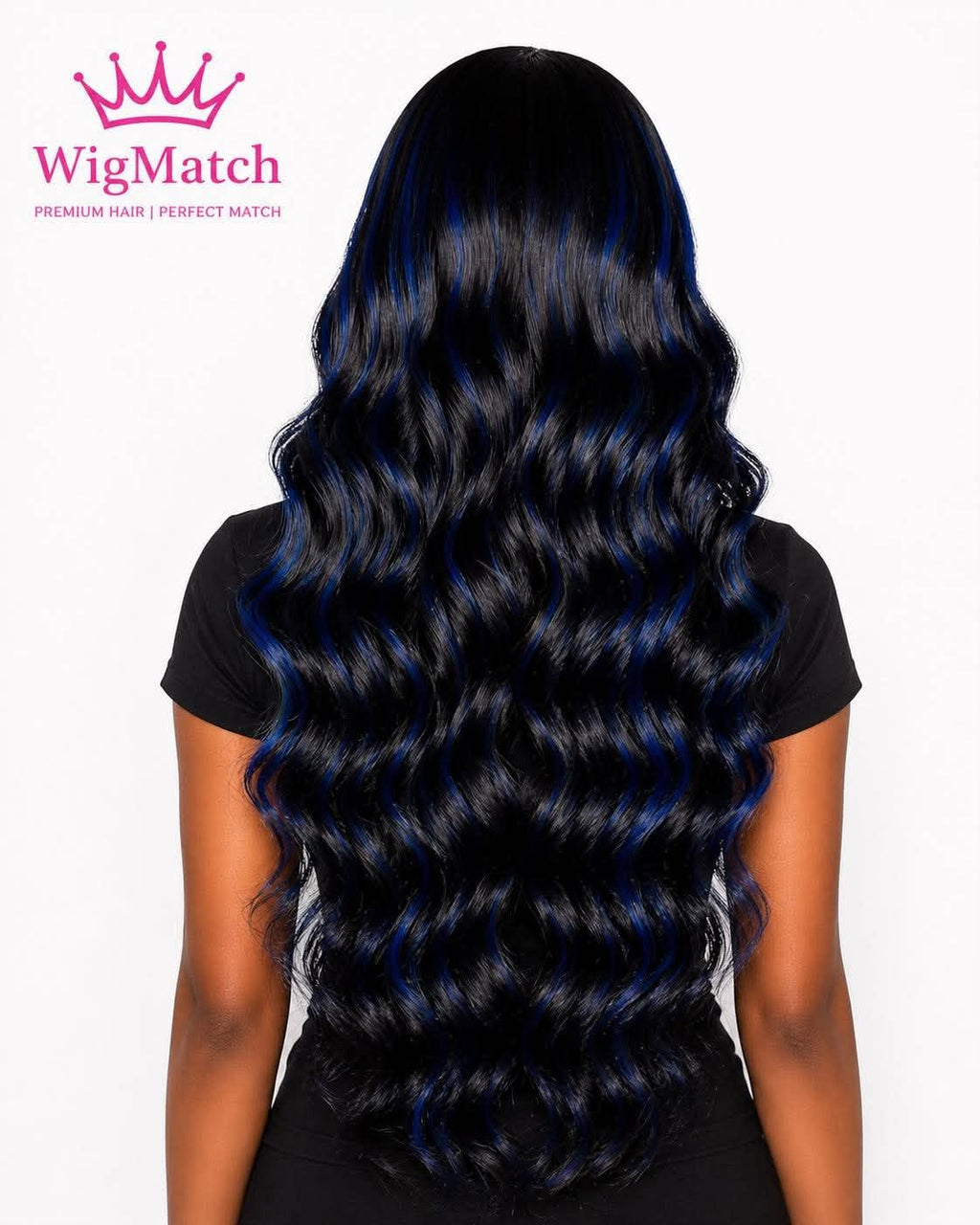 Back view of the WigMatch Highlight Body Wave Human Hair Lace Front Wig displaying long body wave curls, vibrant blue highlights, full density, and natural movement with free EU shipping.