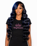 Front view of the WigMatch Highlight Body Wave Human Hair Lace Front Wig featuring black hair with blue highlights, natural hairline, premium body wave texture, and free EU shipping.