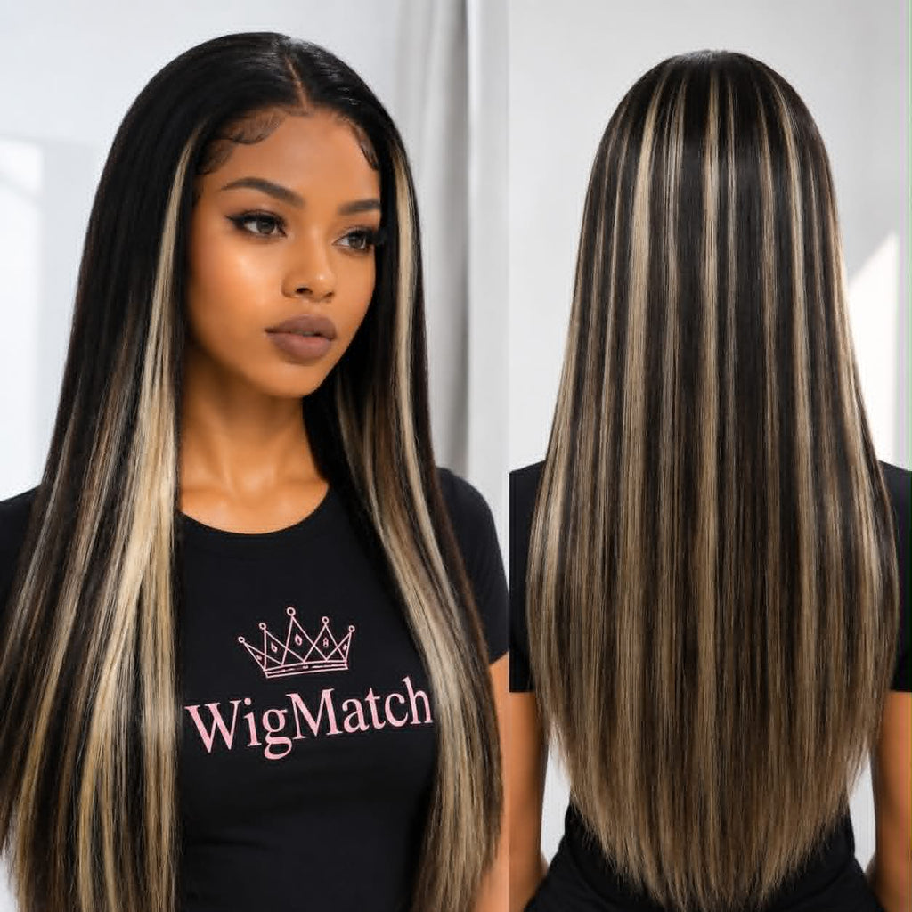 WigMatch highlight human hair wig with blonde face-framing streaks, natural hairline, front and back view, available online across the European Union with fast shipping.