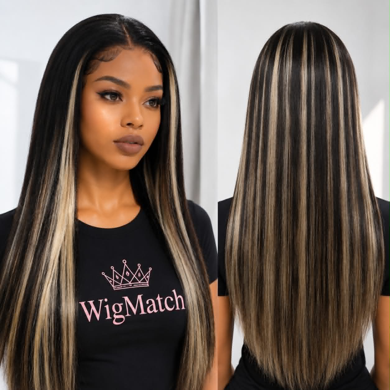 WigMatch highlight human hair wig with blonde face-framing streaks, natural hairline, front and back view, available online across the European Union with fast shipping.