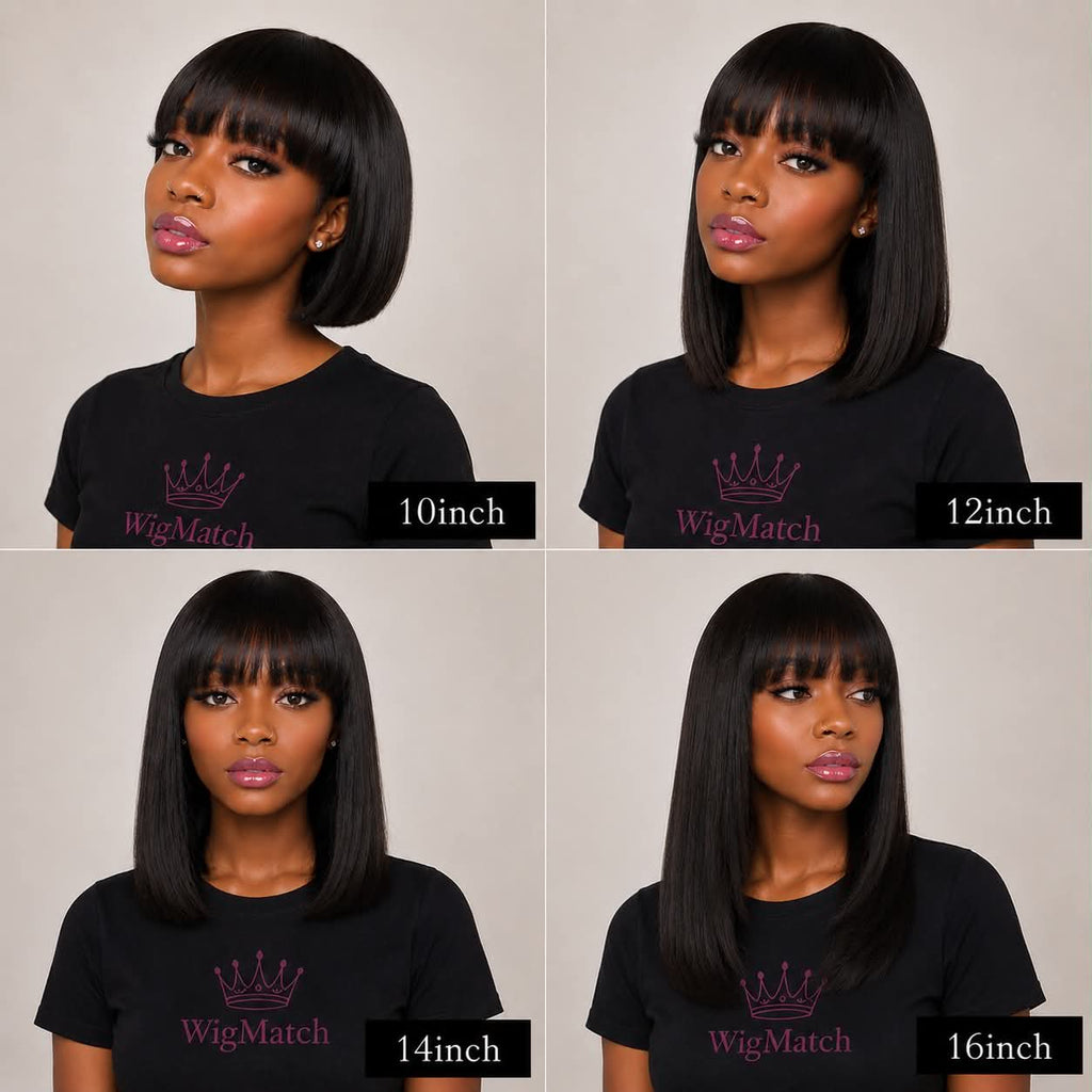 WigMatch straight human hair bob wig with bangs length comparison showing 10 inch, 12 inch, 14 inch and 16 inch natural black styles for women.