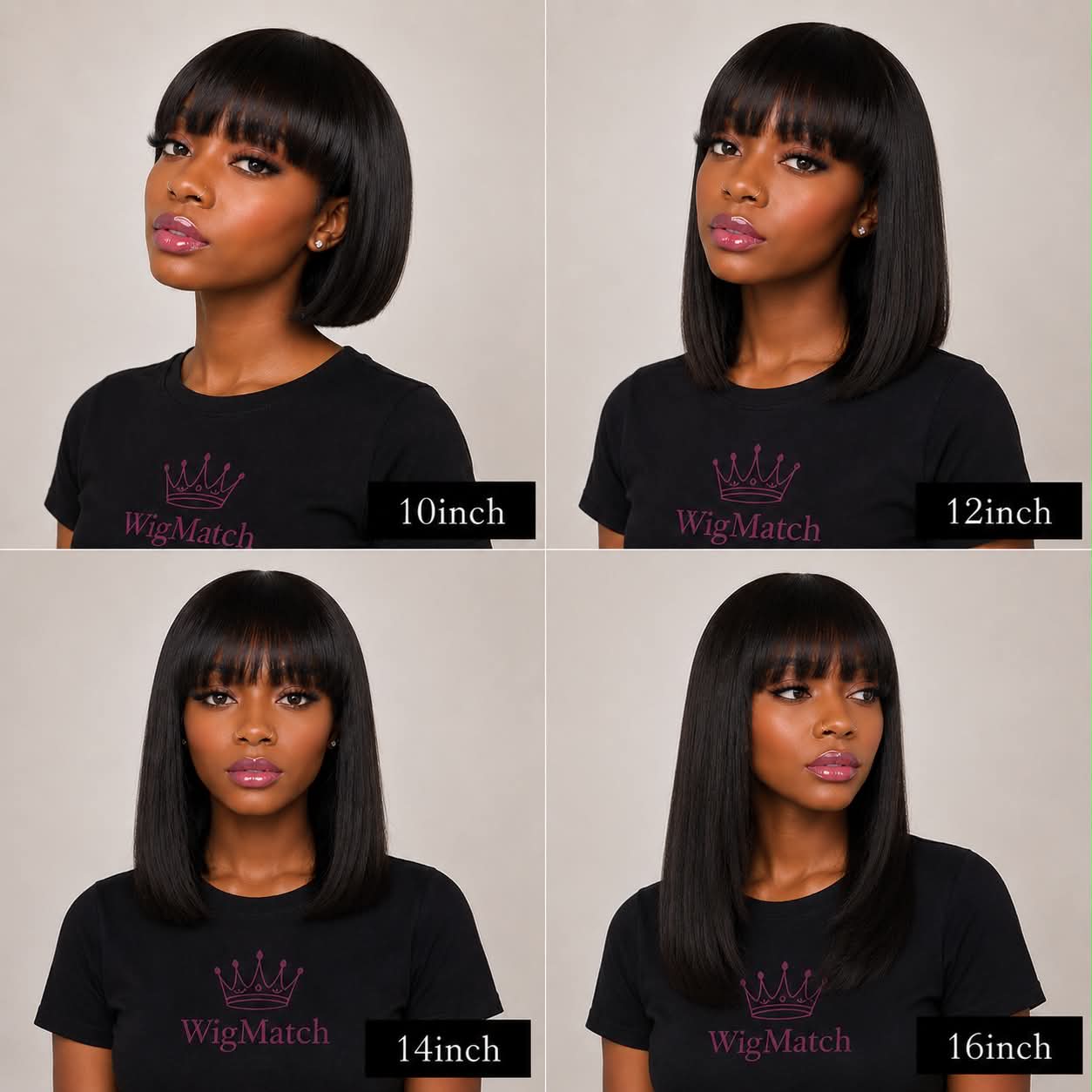 WigMatch straight human hair bob wig with bangs length comparison showing 10 inch, 12 inch, 14 inch and 16 inch natural black styles for women.