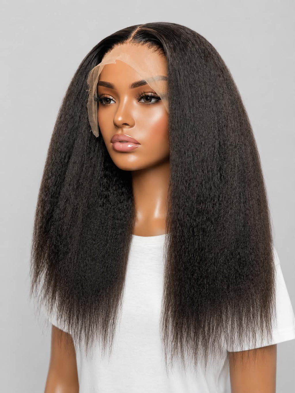 Close up of WigMatch kinky straight HD lace front human hair wig with transparent lace natural hairline and realistic finish, EU online store, free fast shipping