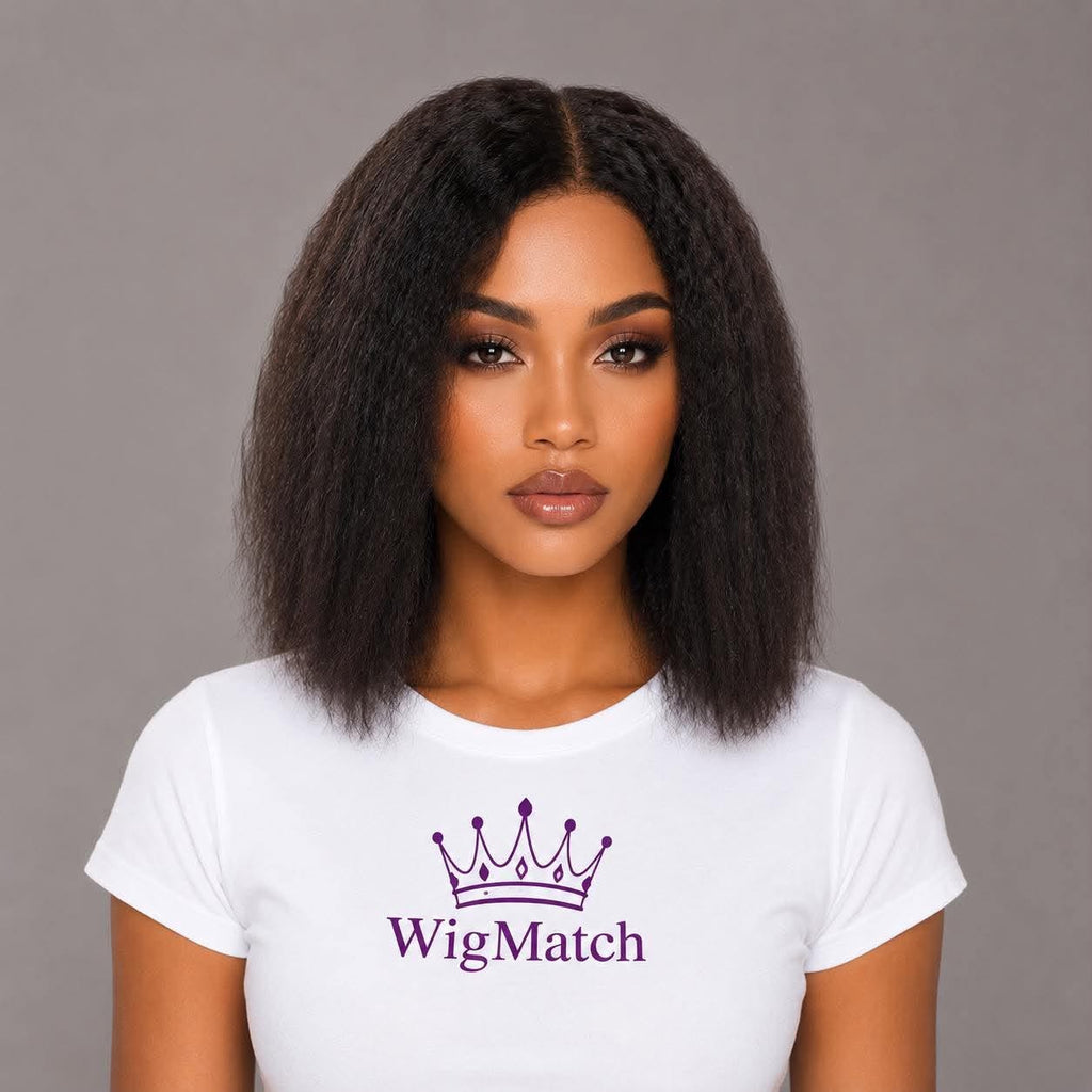 Woman featuring WigMatch Kinky Straight Human Hair Lace Front Wig in Natural Black, front view with a realistic natural hairline, available from our EU online store with free and fast shipping across the European Union.