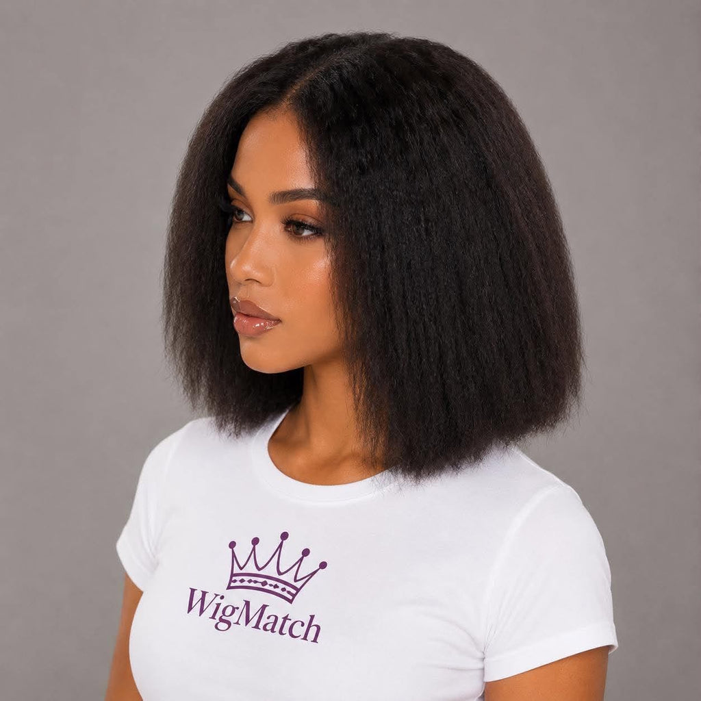 Woman wearing the WigMatch Kinky Straight Human Hair Lace Front Wig from the left side, highlighting the natural density and silky texture, available in our European Union online store with fast free delivery.