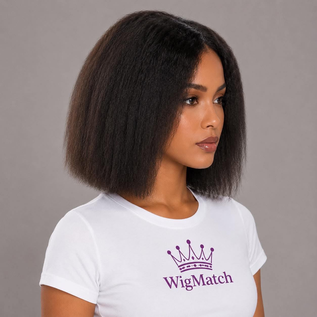 Woman displaying the WigMatch Kinky Straight Human Hair Lace Front Wig from the right side, featuring a soft natural look and realistic volume, sold through the WigMatch EU online store with free shipping across Europe.
