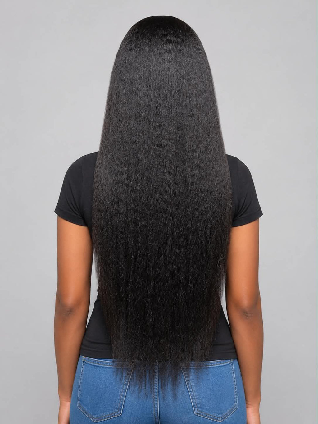 Back view of WigMatch kinky straight human hair wig showing full density long length and natural texture, EU online store, free fast shipping