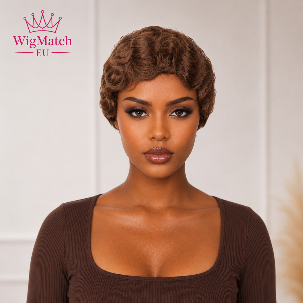 Beautiful Black female model wearing a light brown finger wave pixie cut human hair wig in a front view. Premium short light brown human hair wig from the WigMatch EU online store with free shipping across the European Union and fast delivery.