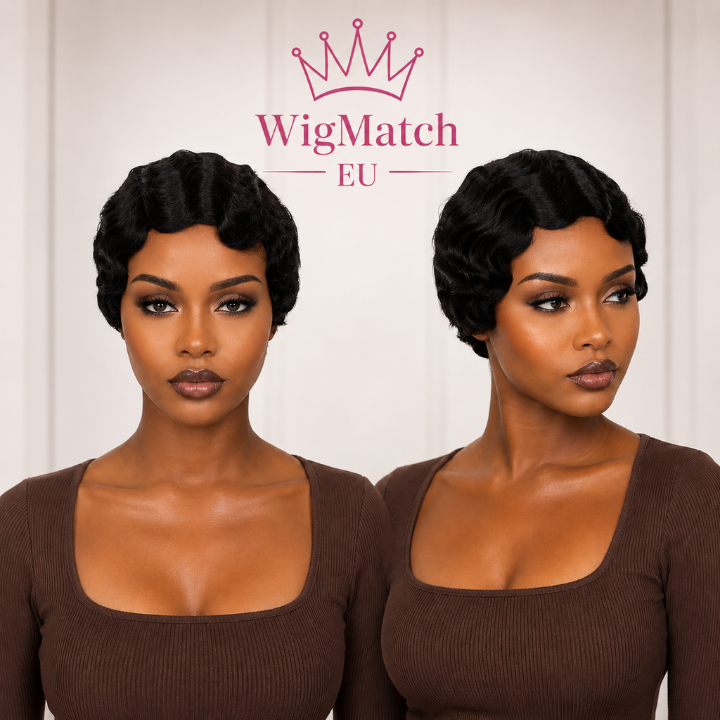 Beautiful Black female model wearing a natural black finger wave pixie cut human hair wig, shown in front and side views. Premium short human hair wig available at WigMatch EU online store with free EU shipping and fast delivery.