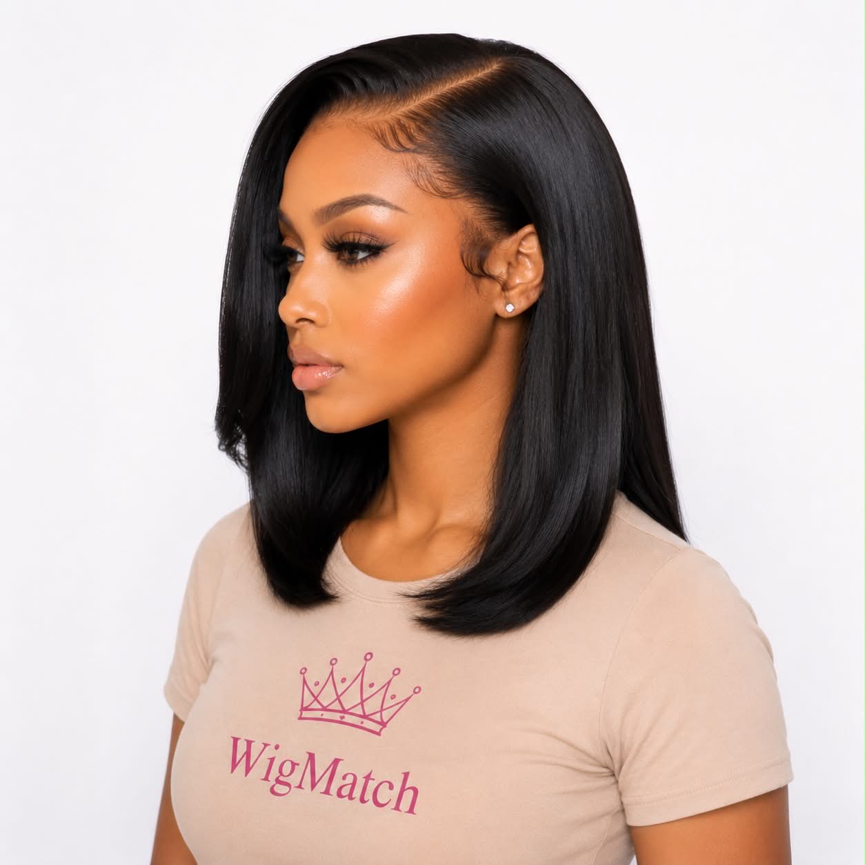 Left side view of natural black lace front bob human hair wig with natural hairline and soft baby hair, available online across the European Union.